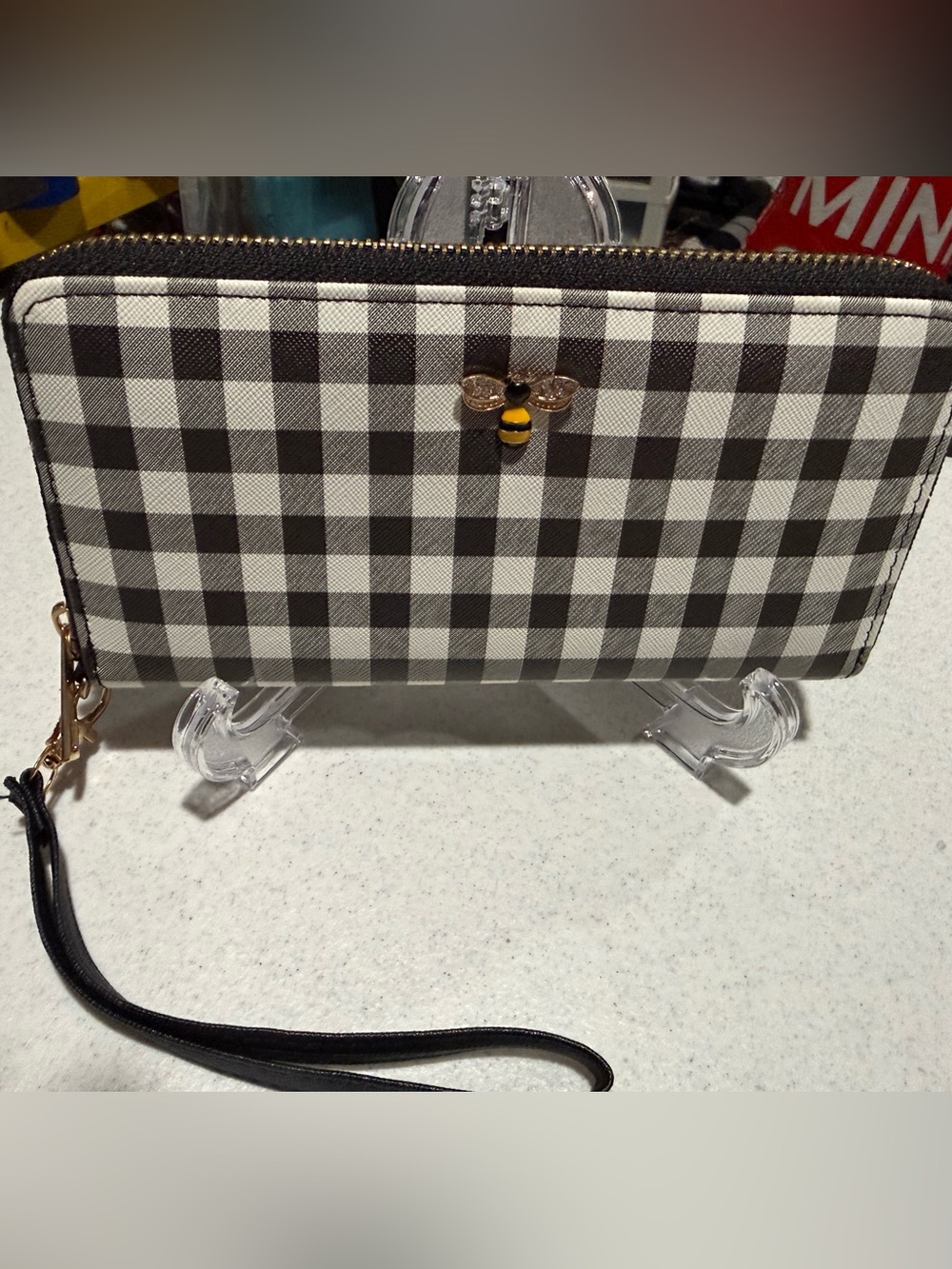 Claire's Black & White Gingham Wristlet with Bee Charm